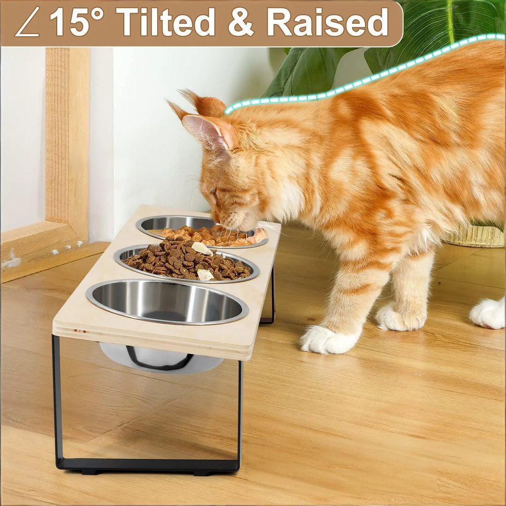 Comedero elevado de 3 cuencos para gatos