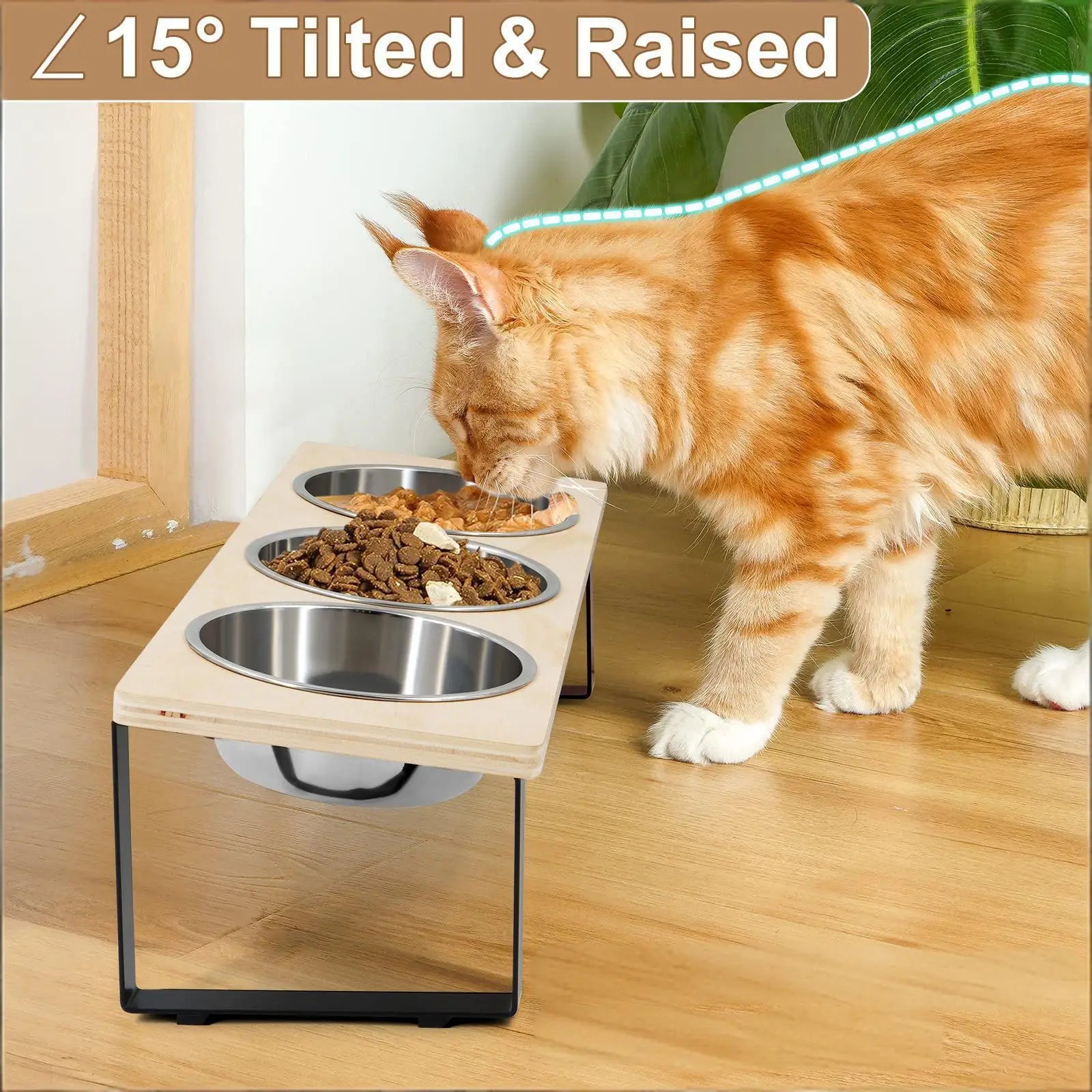 Comedero elevado de 3 cuencos para gatos