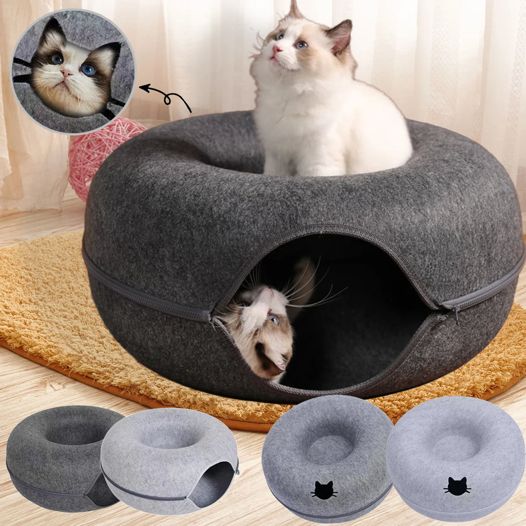 Cama de Fieltro en Forma de Dona 2 en 1 para Gatos